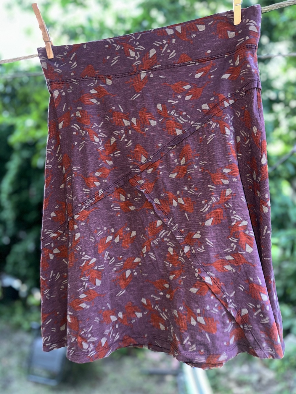 Toad&Co Purple Skater Skirt with Rust & Cream Print